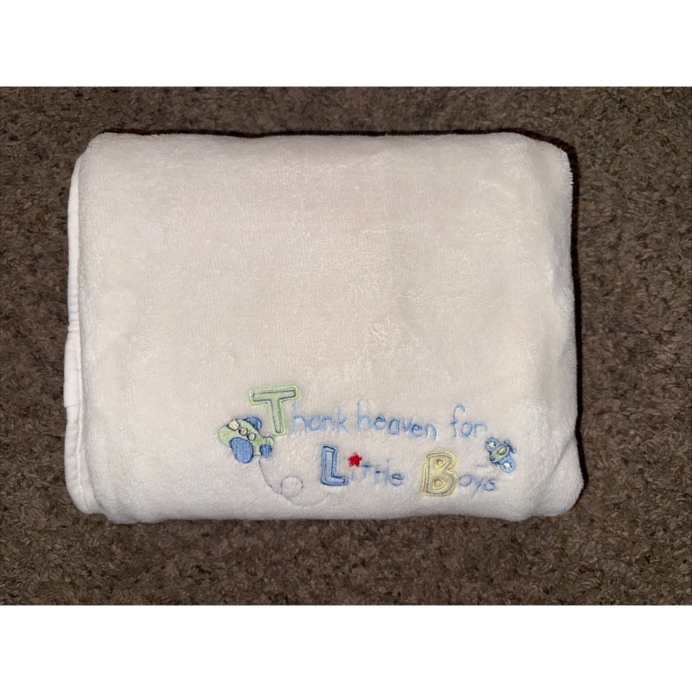 Just Born Plush White Thank Heaven for Little Boys Planes Baby Blanket 30x40